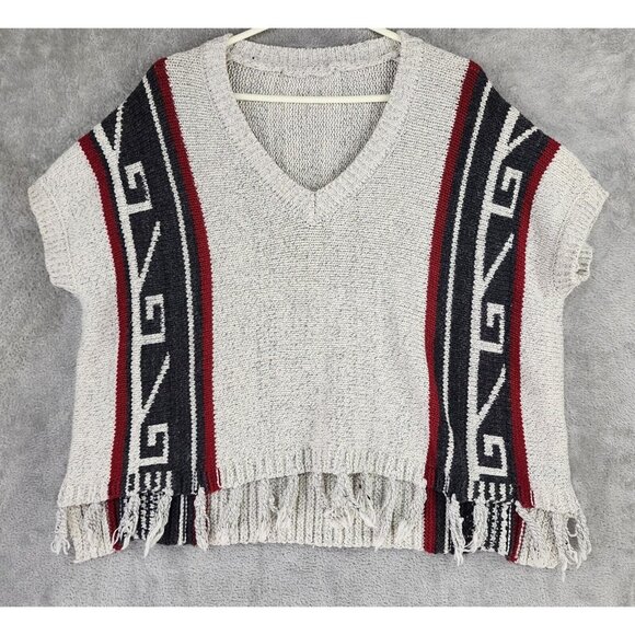 Unbranded Sweaters - Womens Sweater Large Gray Aztec Southwestern Fringed Short Sleeve Poncho